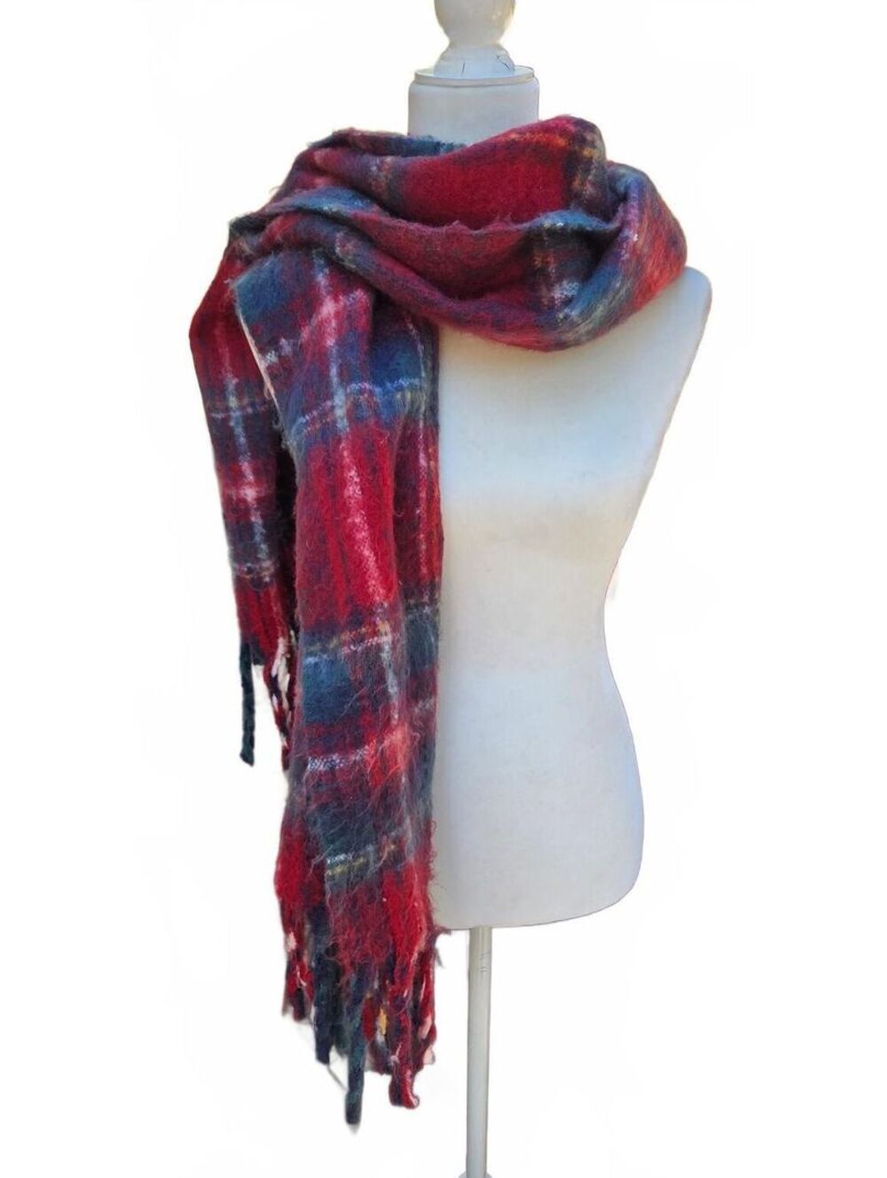 Hollister Tartan Plaid Fringe Blanket Scarf Red Blue Warm Winter Accessory Y2K
